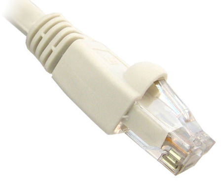 A white Cat6A snagless unshielded Ethernet patch cable with matching plug