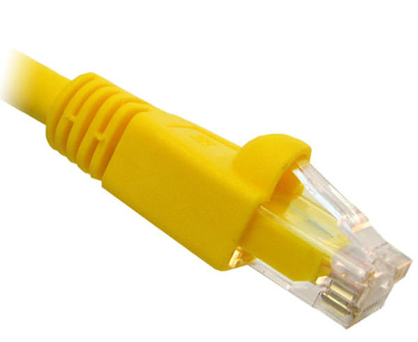 A yellow Cat6A snagless unshielded Ethernet patch cable against a white background