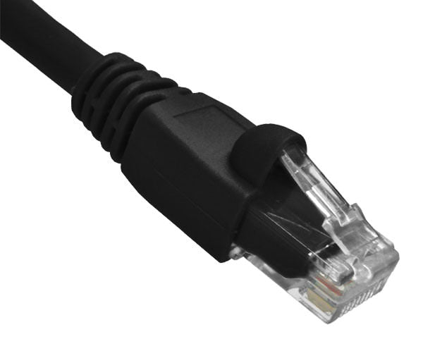 A black 1ft Cat6A Snagless Unshielded Ethernet patch cable against a white backdrop