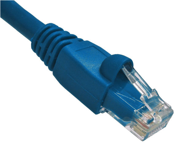A blue Cat6A snagless unshielded Ethernet patch cable with an RJ45 connector
