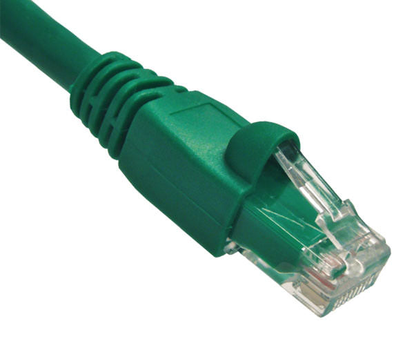 A green Cat6A snagless unshielded Ethernet patch cable on a white background