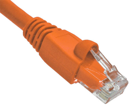 An orange Cat6A snagless unshielded Ethernet patch cable on a white background
