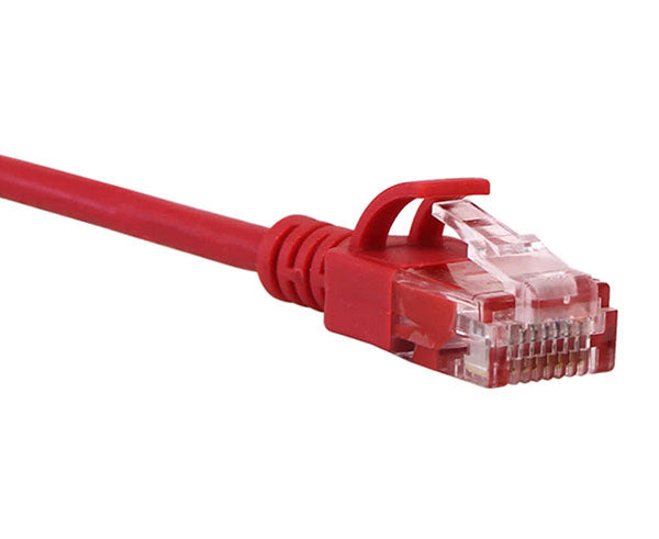 A red 0.5ft Cat6A slim UTP patch cord against a white backdrop