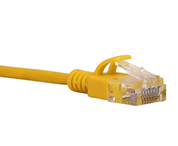 A yellow 0.5ft Cat6A slim Ethernet patch cable with unshielded design