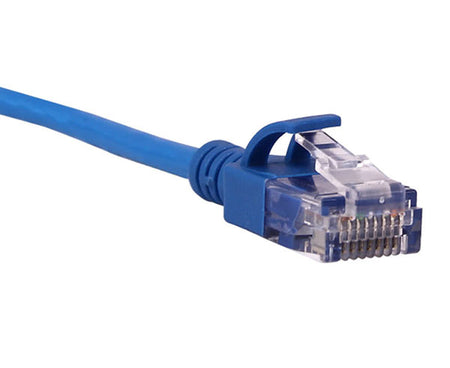 A 10ft Cat6A Slim Unshielded Ethernet Patch Cable in blue color showing the wire detail