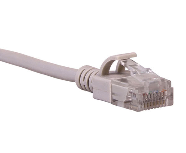 A close-up of the RJ45 connector on a 10ft Cat6A Slim Unshielded Ethernet Patch Cable in gray