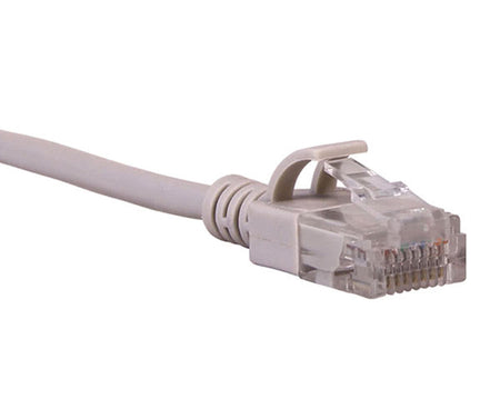 Slim gray Cat6A Ethernet patch cable on a white background