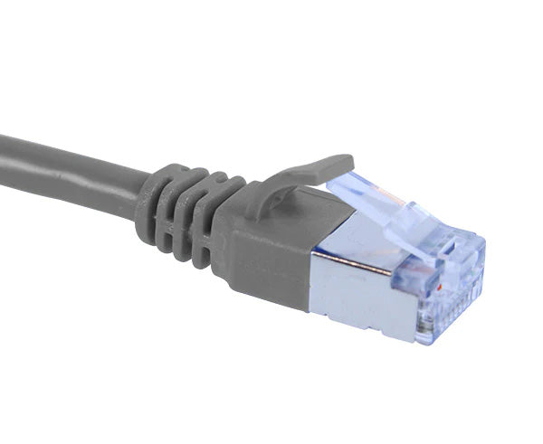 A gray 0.5ft Cat6A slim shielded Ethernet patch cable on a white background