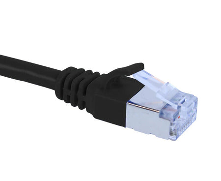 A black Cat6A slim shielded Ethernet patch cable with a clear plug