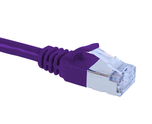 A purple Cat6A slim shielded Ethernet patch cable with a clear plug