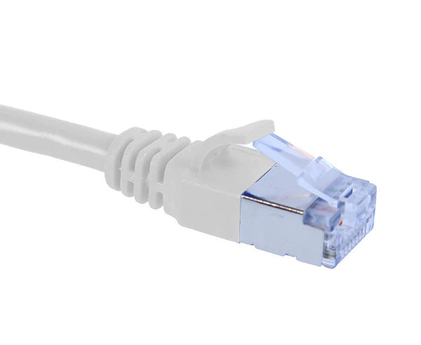 Slim white Cat6A shielded Ethernet patch cable on a white background