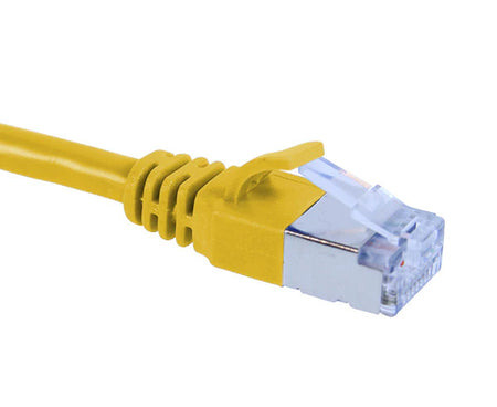 Slim yellow Cat6A shielded Ethernet patch cable on a white background