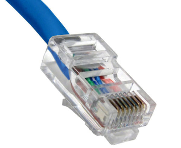 A 100ft Cat6 non-booted UTP Ethernet patch cable in blue