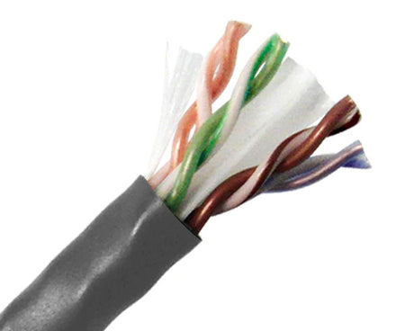 A zoomed-in view showing the texture of a gray CAT6 Plenum Bulk Ethernet Cable's insulation
