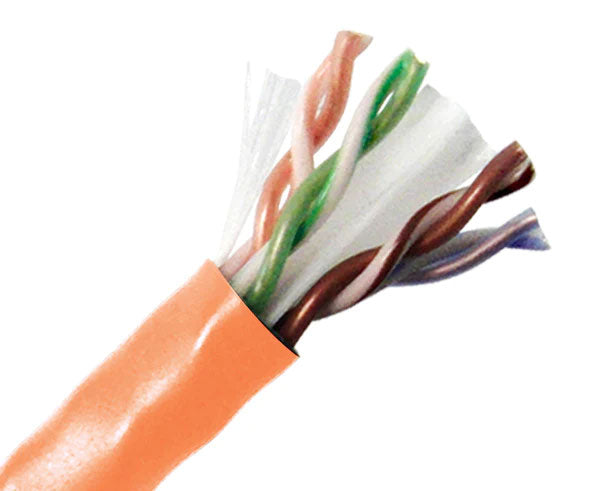 A detailed view of orange CAT6 Plenum Bulk Ethernet Cable highlighting the solid copper wires