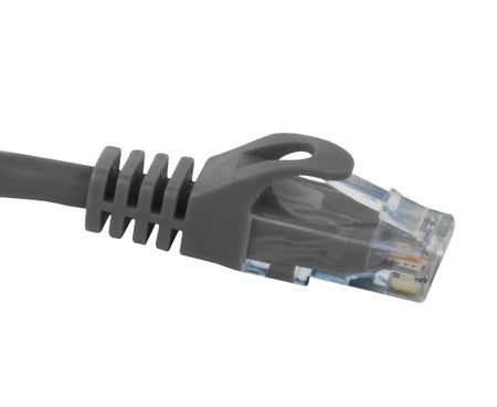 A close-up of the RJ45 connector on a Cat6 snagless unshielded Ethernet patch cable