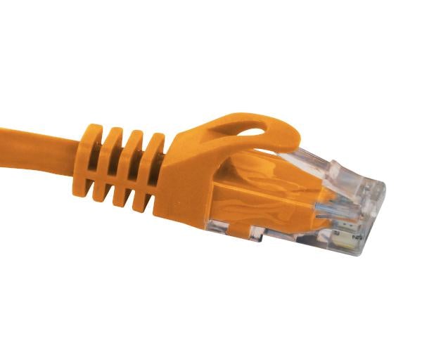 Orange Cat6 snagless unshielded Ethernet cable against white backdrop