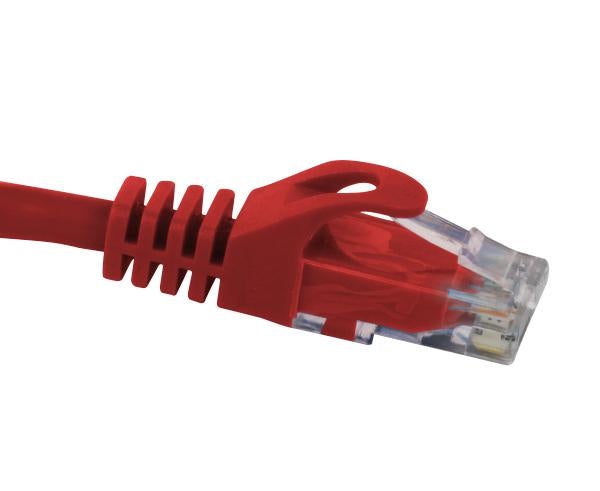 Red Cat6 snagless unshielded Ethernet cable with white background