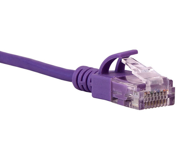 A purple Cat6 slim unshielded Ethernet patch cable against a white backdrop