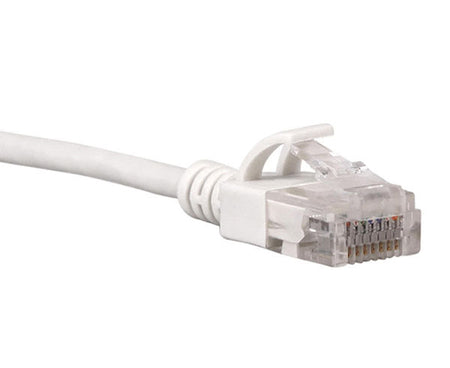 White slim Cat6 unshielded Ethernet patch cable with a close-up view