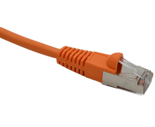 Orange Cat6 S/FTP Ethernet patch cable against a white backdrop