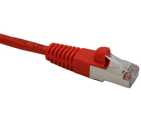 Red Cat6 shielded network patch cable on a white surface