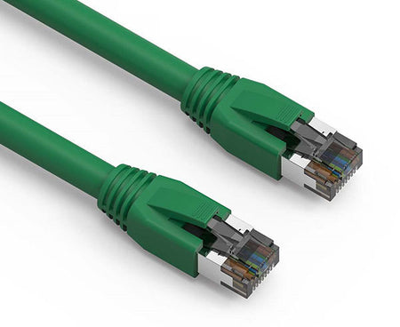 Close-up of a 5ft Cat8 40G shielded Ethernet patch cable in green