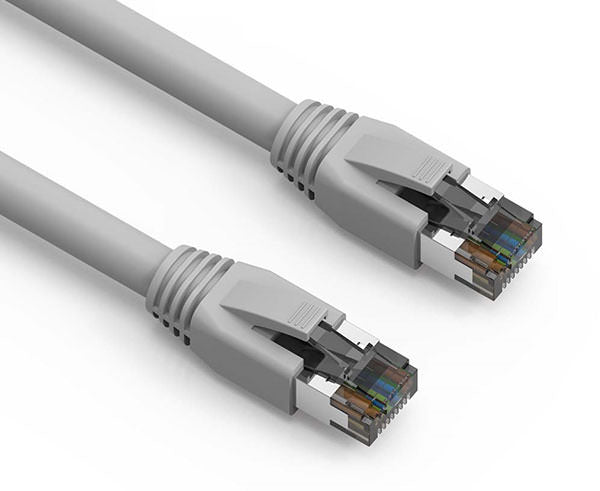 Close-up of a 5ft Cat8 40G shielded Ethernet patch cable in gray