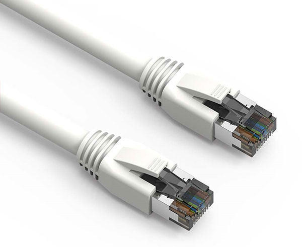 Close-up of a 5ft Cat8 40G shielded Ethernet patch cable in white