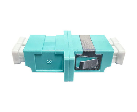 LC OM3/OM4 10G duplex multimode fiber adapter with aqua blue housing