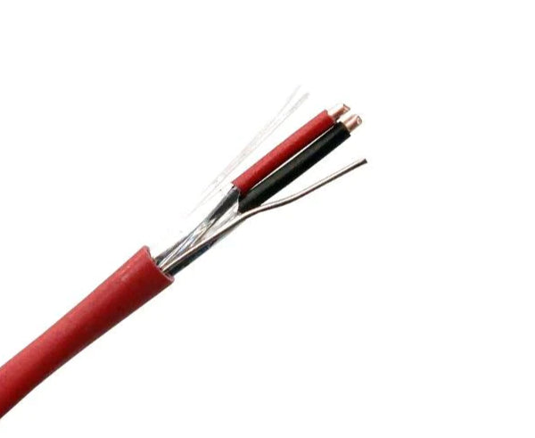 Shielded plenum fire alarm cable with a red jacket and red and black 14AWG solid copper wires and drain wire.