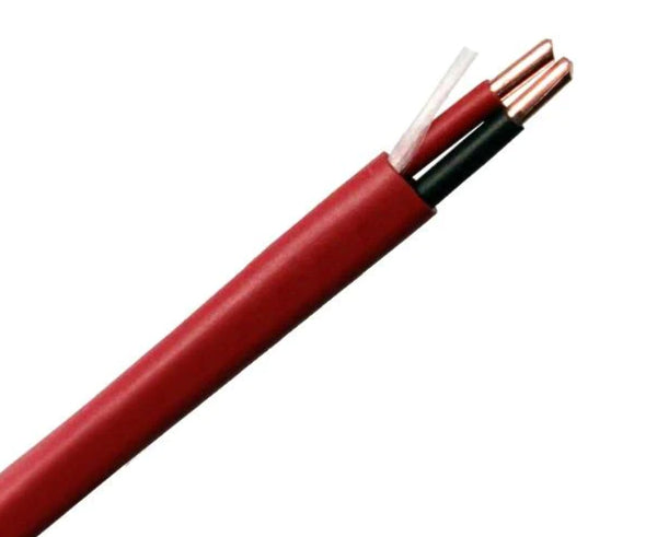 Unshielded plenum fire alarm cable with a red jacket and red and black 16AWG solid copper wires.
