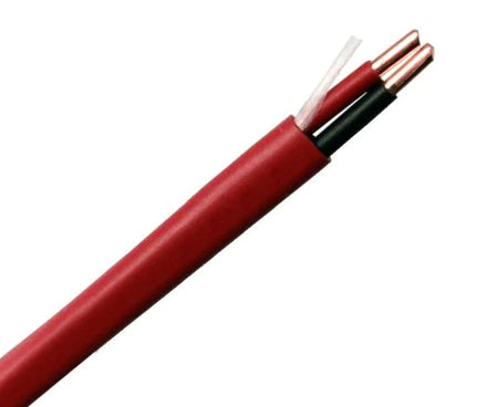 Unshielded riser fire alarm cable with a red jacket and red and black 14AWG solid copper wires.