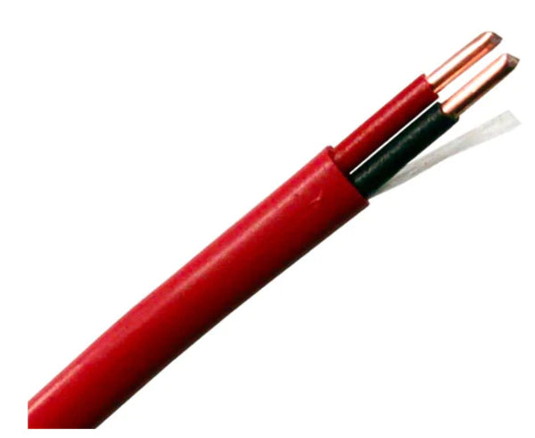 Unshielded riser fire alarm cable with a red jacket and red and black 18AWG solid copper wires.