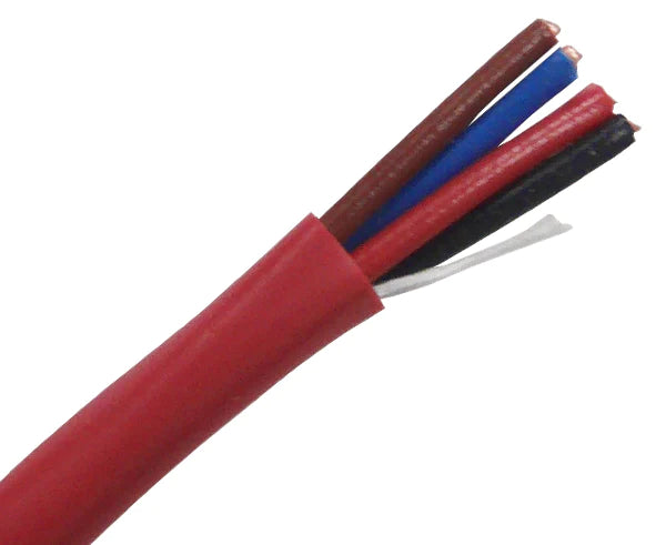 Unshielded riser fire alarm cable with a red jacket and red, black, blue, and brown 18AWG solid copper wires.