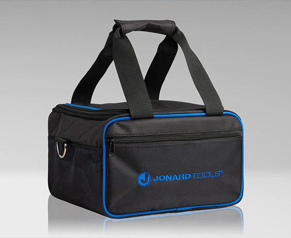 Durable black tool carrying case with blue straps and Jonard Tools branding