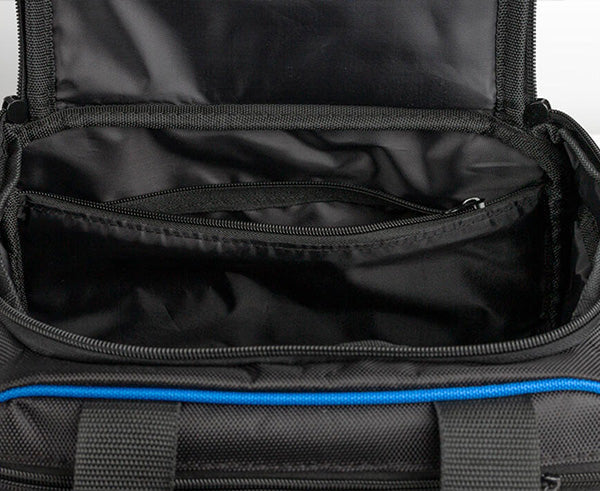 Sturdy black tool case with blue detailing and secure zipper closure