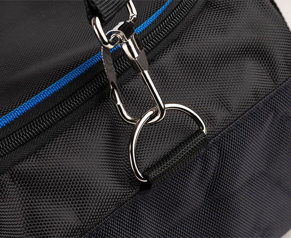 Close-up of the rugged tool case's handle in black with blue trim