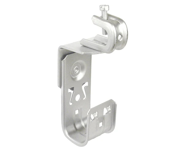 Zinc plated j-hook with beam clamp and screw.