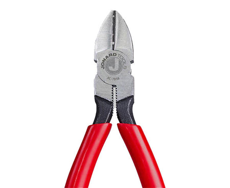 Red-handled 6.25-inch telecom diagonal cutting pliers against a white backdrop