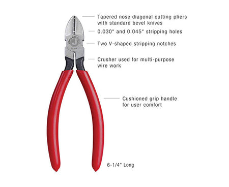 Side view of 6.25" diagonal cutting pliers with red and black handles