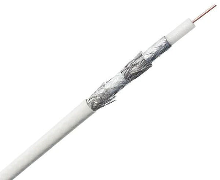 A 1000-foot roll of white RG6 quad-shielded coaxial cable with 70% aluminum braid and CMP-rated jacket.
