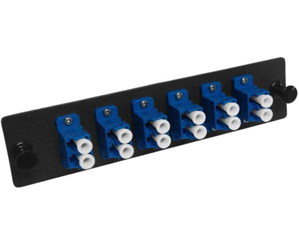 Close-up of the LC connectors on the 12 Port Single-mode Fiber Patch Panel