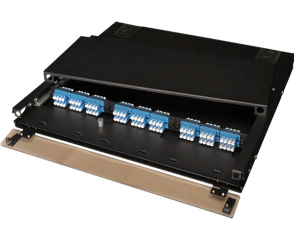 Wall-mounted HD Slide Out Fiber Patch and Splice Panel with 3 LGX Panel Slots in a network setup