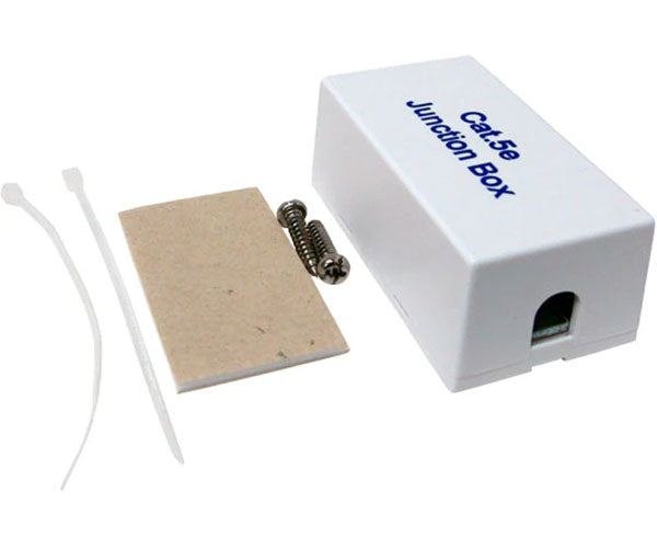 White CAT5E junction box with included parts for installation