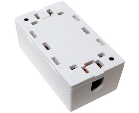 Wall-mountable white CAT5E junction box with cable entry ports