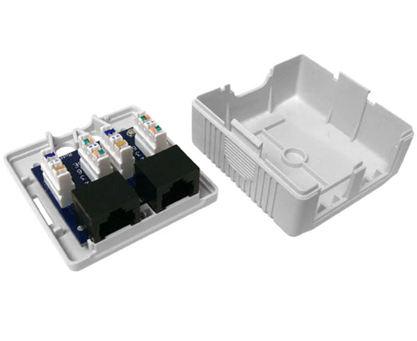 Dual-port CAT5E surface mount box in white and ivory options