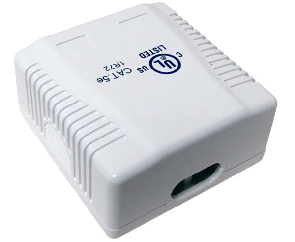 White 1-port CAT5E surface mount box with labeling area