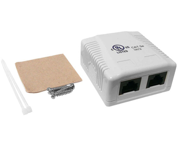 White CAT5E surface mount box with included accessories