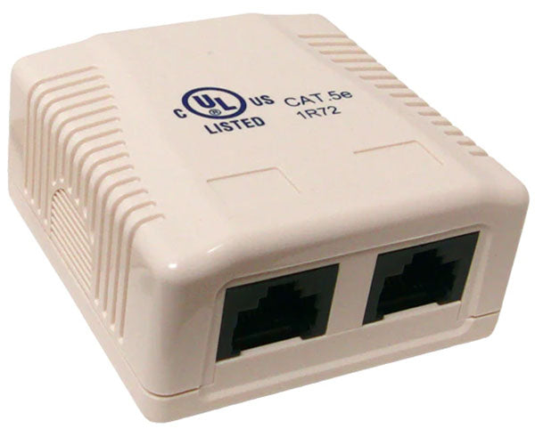 Two-port almond CAT5E surface mount box for ethernet connection